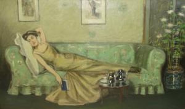 Interior Scene With Woman Reclined On Couch Holding Book And
 Wearing Gold/green Evening Dress On The Green Floral Couch Before A
 Silver Tea Set, With Japanese Prints Hung On Wall In Background And
 A Screen Behind Potted Flowers To Right Oil Painting by Joseph Alfred Terry