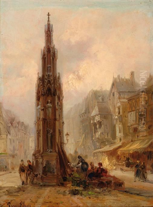 City Square With Gothicmonument Oil Painting by Pierre-Henri-Theodore Tetar van Elven