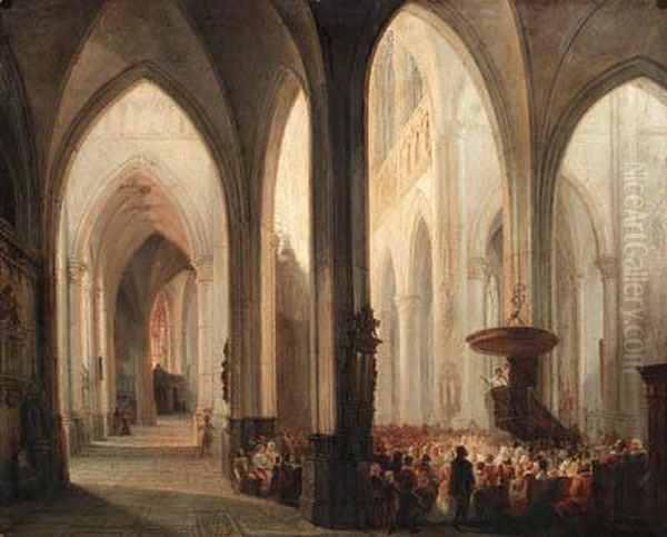 A Service In A Church Oil Painting by Pierre-Henri-Theodore Tetar van Elven