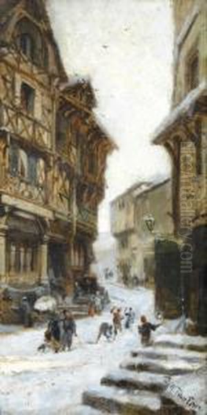 Winterliche Strassenpartie Mit Figurenstaffage Oil Painting by Pierre-Henri-Theodore Tetar van Elven