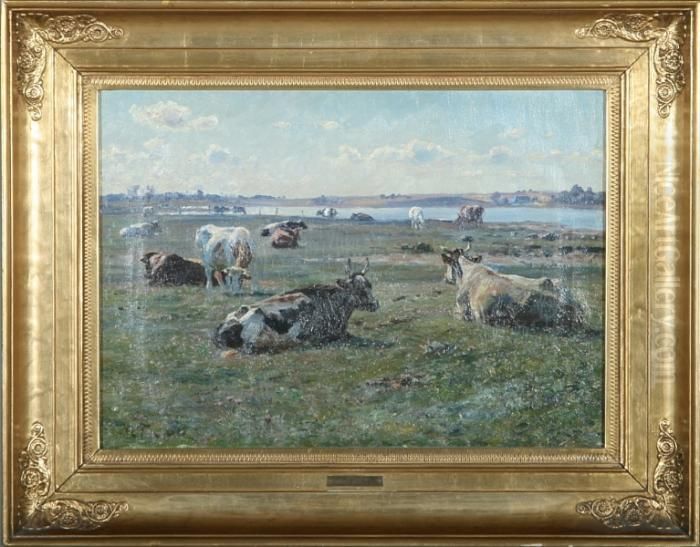 Cows In The Meadow On A Sonny Day Oil Painting by Michael Therkildsen