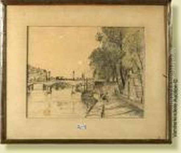 Quaisde Paris Animes, Fusain 
Rehausse Aux Pastels Sur Papier. Signe Enbas A Droite P. Thevenet. Ecole
 Belge. Dim.: 30,5x39cm. Oil Painting by Pierre Thevenet