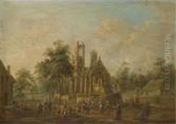A Village Scene With Industrious
 Figures Before A Well Kept Church; A Village Scene With Figures Dancing
 And Drinking Before A Ruined Church Oil Painting by Johann Alexander Thiele