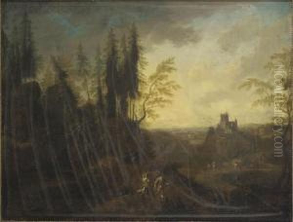 Mountainous Wooded Landscape 
With Drovers And Their Animals A Hilltop Castle 
Beyond Oil Painting by Johann Alexander Thiele