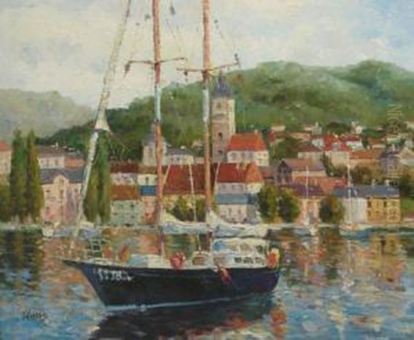 'yacht In Town Harbour', Oil, Signed, Canvas, 2 Oil Painting by Thomas, of Pall Mall Butler