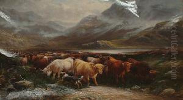 Highland Cattle In A Pass Oil Painting by Thomas, of Pall Mall Butler