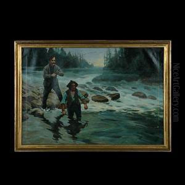 Salmon Fishing, Getting Set To Gaff. Oil Painting by Thomas, of Pall Mall Butler