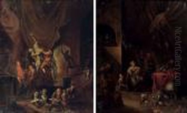 A Sculptor At Work In His 
Studio, His Pupils Drawing In The Foreground; And A Quack At Work In His
 Study With An Assistant, A Woman And Her Child Watching Oil Painting by Gerard Thomas