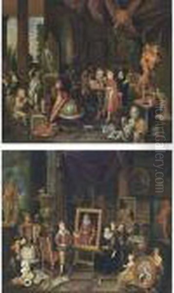 A Sculptor's Studio With Visitors;
 A Painter's Studio With Visitors Oil Painting by Gerard Thomas