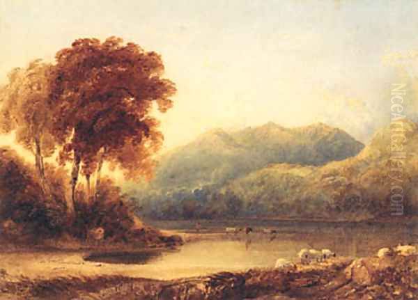 A Herder with Cattle at the Edge of a Lake in a mountainous Landscape Oil Painting by Anthony Vandyke Copley Fielding