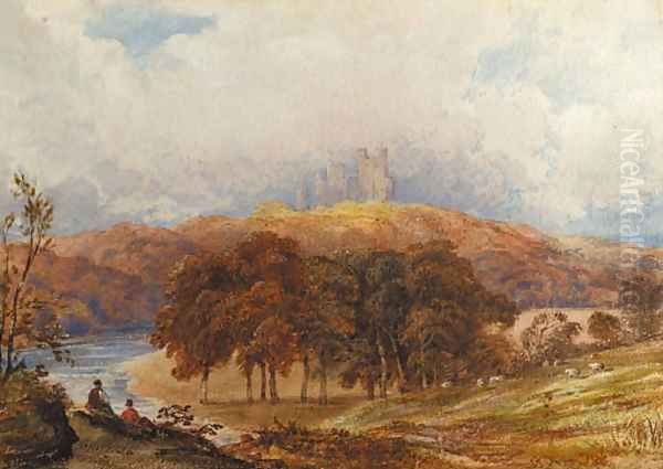 A view of Penrhyn Castle, Wales, with figures in the foreground Oil Painting by Anthony Vandyke Copley Fielding