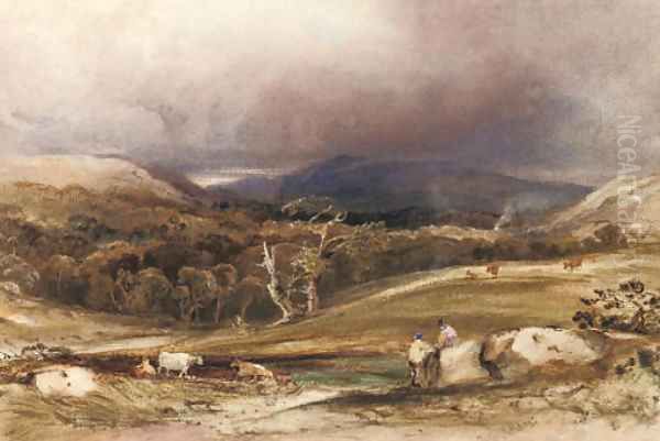 An extensive landscape with cattle and figures in the foreground Oil Painting by Anthony Vandyke Copley Fielding