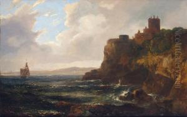 Ravenscraig Castle From The Shore With Kirkcaldy In The 

 Distance Oil Painting by John, Rev. Thomson Of Duddingston