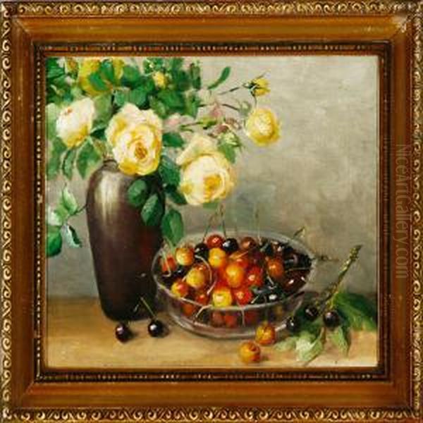 Still Life With Roses And Cherries On A Table Oil Painting by Emmy Marie Caroline Thornam