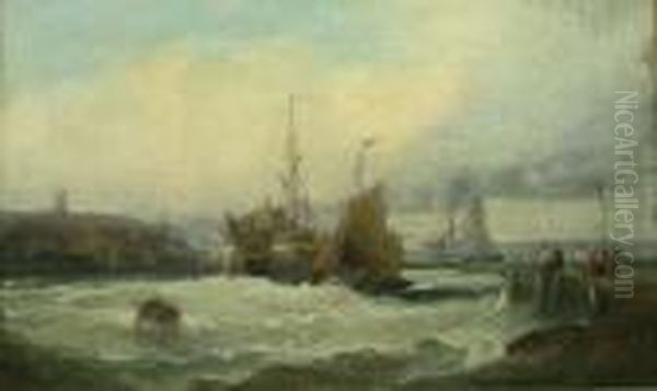 Thornley : Sailing Barge And 
Fishing Boat In The Harbour Mouth Oil On Canvas Signed 24cm X 39cm Oil Painting by Charles Thorneley