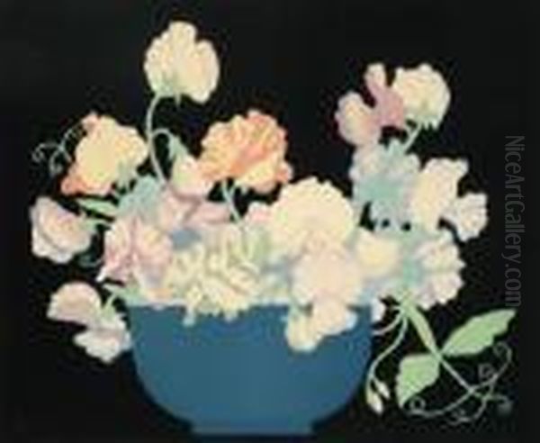 Sweet Peas Coloured Woodblock 
Signed'hall Thorpe' Lower Right Titled Lower Left 23.5 X 29cm Oil Painting by John Hall Thorpe