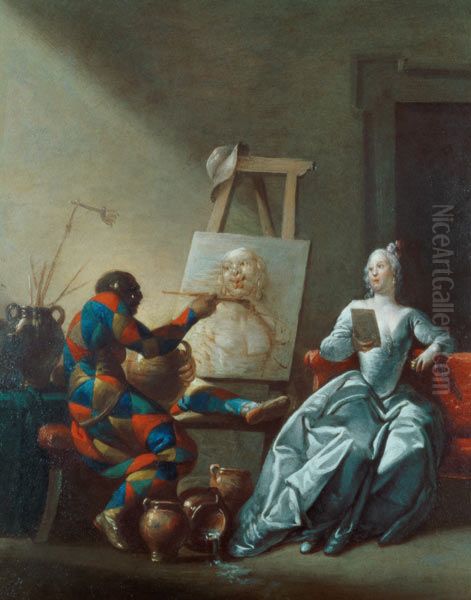 The Harlequin Painter Oil Painting by Giovanni Domenico Ferretti