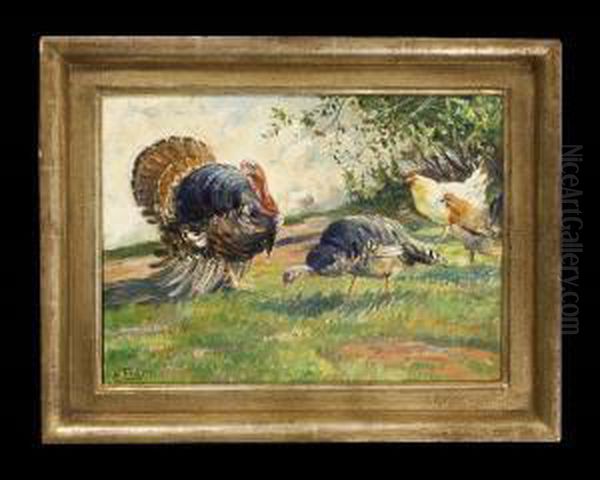 Trutahhn Und Huhner In Landschaft Oil Painting by Willy Tiedjen