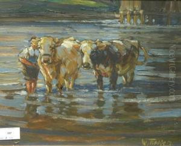 'zwei Kuhe Mit Bauer Inwasser Stehend'' Oil Painting by Willy Tiedjen