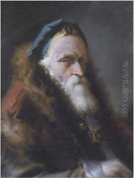 Portrait Of An Oriental, Head 
And Shoulders, Wearing A Bejewelled Blue Hat And A Red Fur-trimmed Coat Oil Painting by Lorenzo Tiepolo