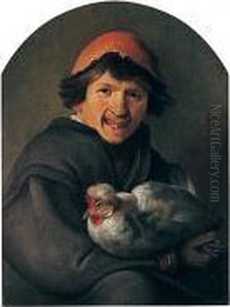 A Young Boy Holding A Hen Oil Painting by Jan Tilius