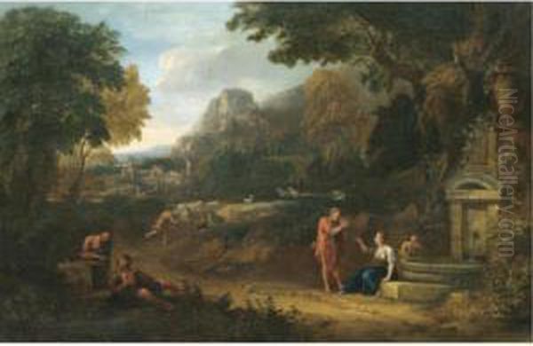 An Italianate Landscape With 
Figures Drinking From A Well And A Shepherd Boy Droving His Flock Beyond Oil Painting by Peter Tillemans