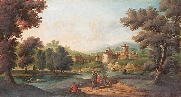 A Wooded River Landscape With 
Figures Resting Beside A Path; And A Wooded River Landscape With Figures
 On A Path And A Walled Village Beyond Oil Painting by Peter Tillemans