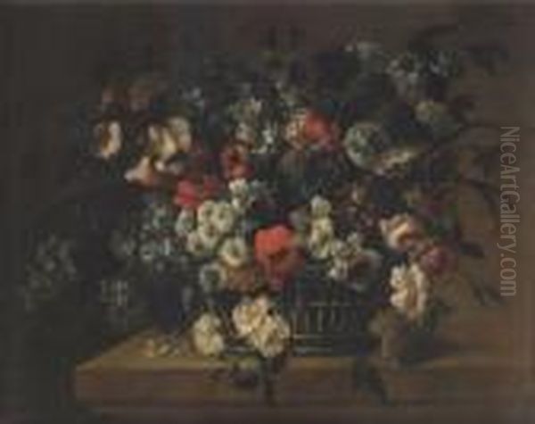 Roses, Snowballs, Lilac, 
Carnations, Narcissi And Other Flowers In A Basket Upon A Stone Ledge Oil Painting by Peter Tillemans
