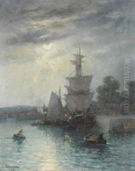 Hafenszene Mit Dreimaster Bei Mondlicht. Oil Painting by Louis Timmermans