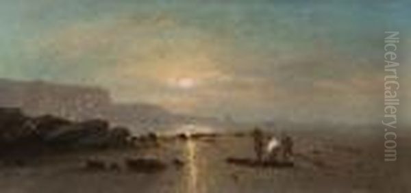 Fischer Am Strand Bei
 Sonnenuntergang. Oil Painting by Louis Timmermans