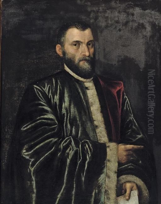 Portrait Of A Senator, 
Half-length, In A Blue-lined Robe, Holding A Document In His Left Hand Oil Painting by Domenico Tintoretto