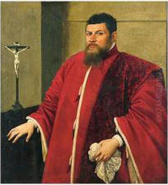 Portrait Of A Venetian Senator, Standing Beside A Table Oil Painting by Domenico Tintoretto