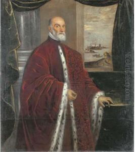 Portrait Of A Venetian Senator, 
Three-quarter-length, In Robes Of Office, By A Green Curtain With A 
Venetian Landscape Beyond Oil Painting by Domenico Tintoretto
