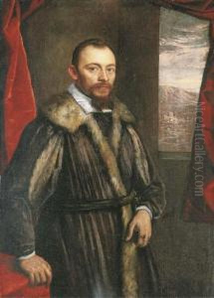 Portrait Of A Gentleman, Said To
 Be Vincenzo Morosini, Three-quarter-length, In A Fur-trimmed Coat, 
Before A Red Curtain, A Landscape Beyond The Window Oil Painting by Domenico Tintoretto