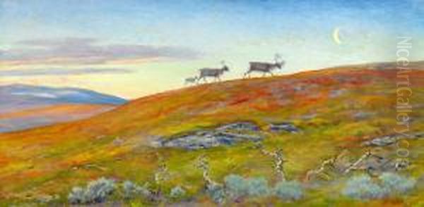 Fjallandskap Med Renar I Aftonrodnad Oil Painting by Karl Tiren