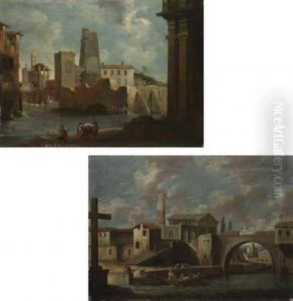 A Capriccio Of A Town In The 
Veneto With Women Washing On The Bank;and A Capriccio Of A Town In The 
Veneto With Townsmen Mooring Theirboat Oil Painting by Francesco Tironi