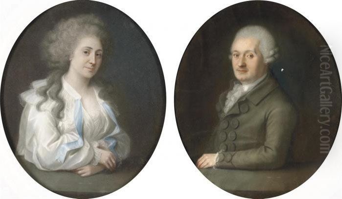 Portraits Of A Lady And Gentleman, Half-length, Their Hands Restingon Ledges Oil Painting by Johann Friedrich August Tischbein