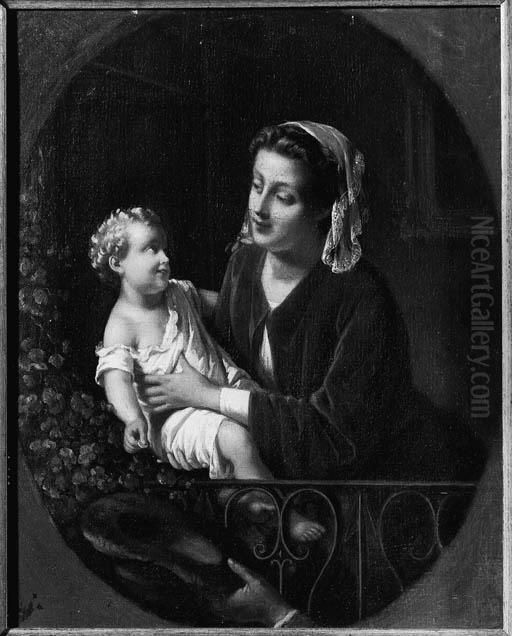 A Mother And Child On A Balcony, In A Painted Oval Oil Painting by Johann Friedrich August Tischbein