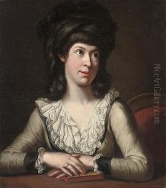 Portrait Of A Lady, Half-length,
 In A White Dress With A Lace Collar, Seated At A Table, Hands Resting 
On A Book Oil Painting by Johann Heinrich Wilhelm Tischbein I