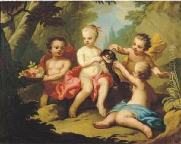Putti And A Pet Dog Disporting In A Garden Oil Painting by Johann Heinrich Wilhelm Tischbein I