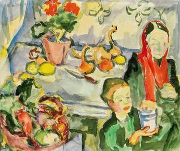 Frau Mit Kind Und Stillleben Oil Painting by Victor Tischler