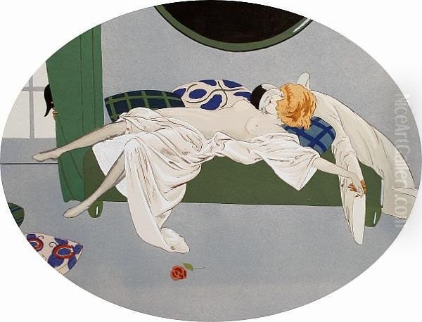 Reclining Woman On A Green Couch Oil Painting by Ettore Tito