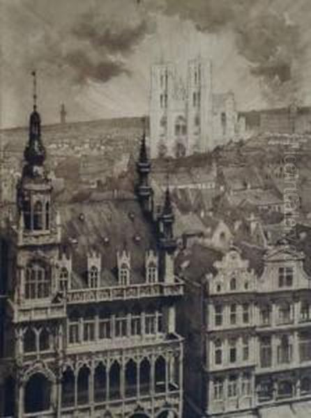 Sans Titre [vue Partielle De La 
Grand' Place De Bruxelles Et De La Cathedrale Saints Michel Et Gudule]. Oil Painting by Louis Titz
