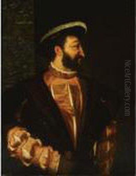 Portrait Of Francis I 
(1494-1547), King Of France, Half Length, Wearing A Red Costume With A 
Fur Coat And A Feathered Beret Oil Painting by Tiziano Vecellio (Titian)