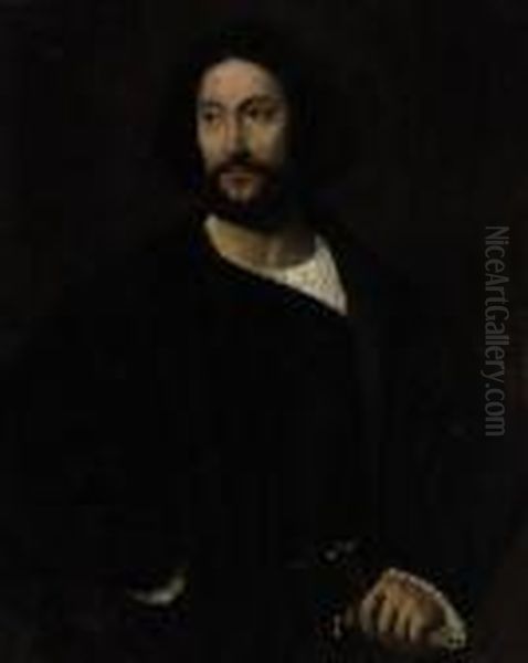 Portrait Of A Gentleman, 
Half-length, In Black, His Left Handresting On The Hilt Of A Sword Oil Painting by Tiziano Vecellio (Titian)
