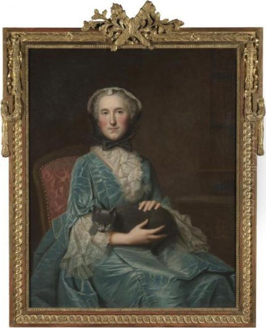 Portrait Of A Seated Lady, Three
 Quarter Length, Wearing A Turquoise Dress With Lace Cuffs And Collar 
And A Bonnet, Holding A Black Cat Oil Painting by Louis Tocque