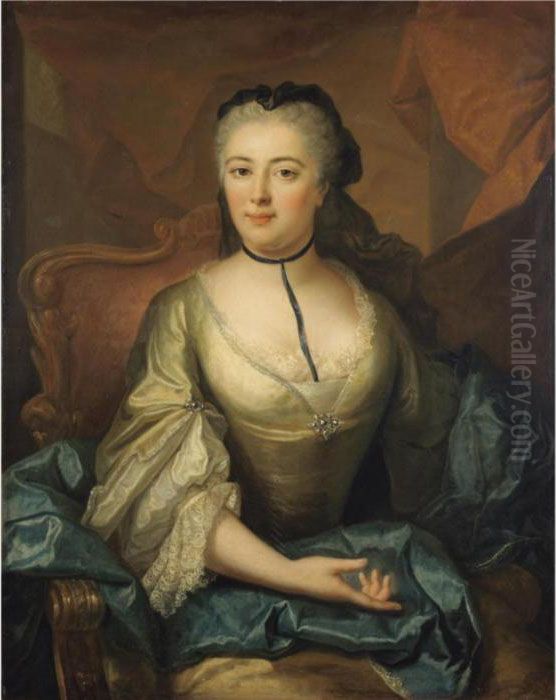 Portrait Of A Lady, Seated, 
Wearing A White Silk Dress, A Blue Silk Shawl And A Black Headdress Oil Painting by Louis Tocque