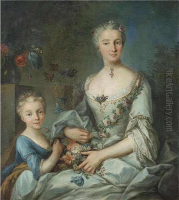 Portrait Of A Lady Seated With 
Her Daughter, Three-quarter Length, Wearing A White Silk Dress Holding 
Flowers Oil Painting by Louis Tocque
