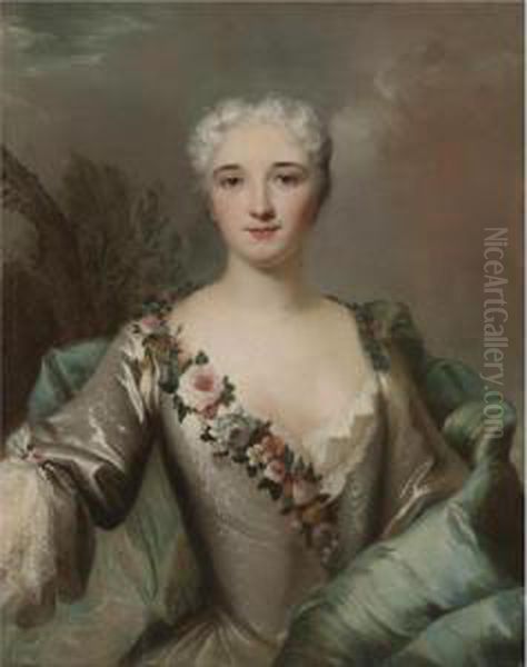 Portrait Of A Lady, Half Length 
In A Landscape, Wearing A Silver Dress With A Floral Wreath Oil Painting by Louis Tocque