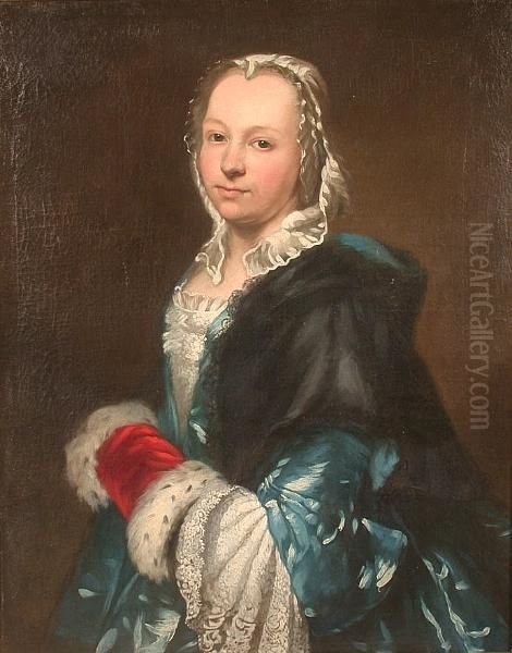 Portrait, Half Length, Of A Lady
 In A Blue Dress, Black Shawl And Fur Trimmed Red Velvet Muff Oil Painting by Louis Tocque